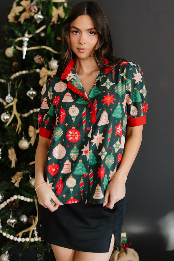 Christmas Fashion Print Contrast Trim Frilled Neck Short Sleeve Blouse