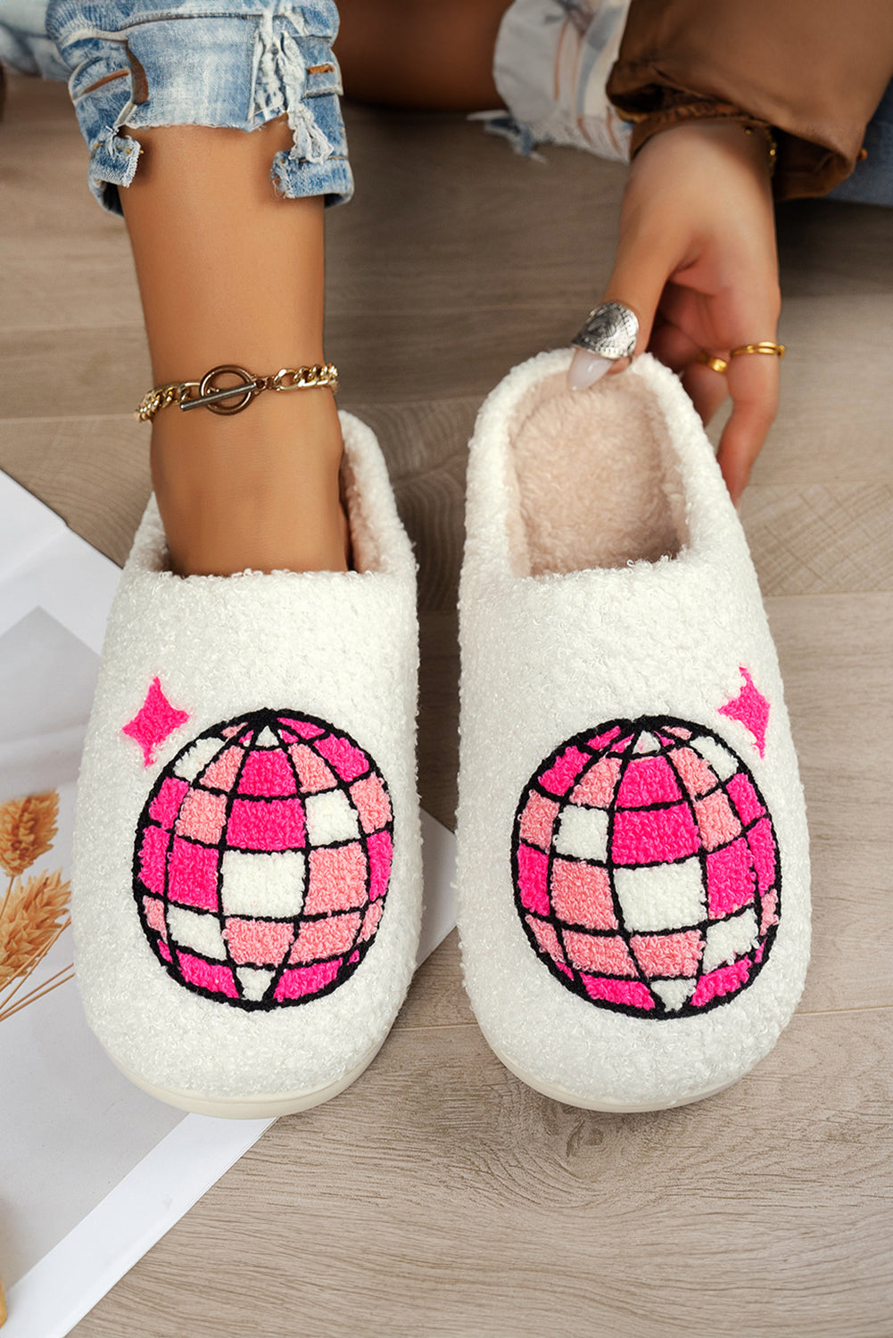 Disco Ball Print Fuzzy Winter House Slippers