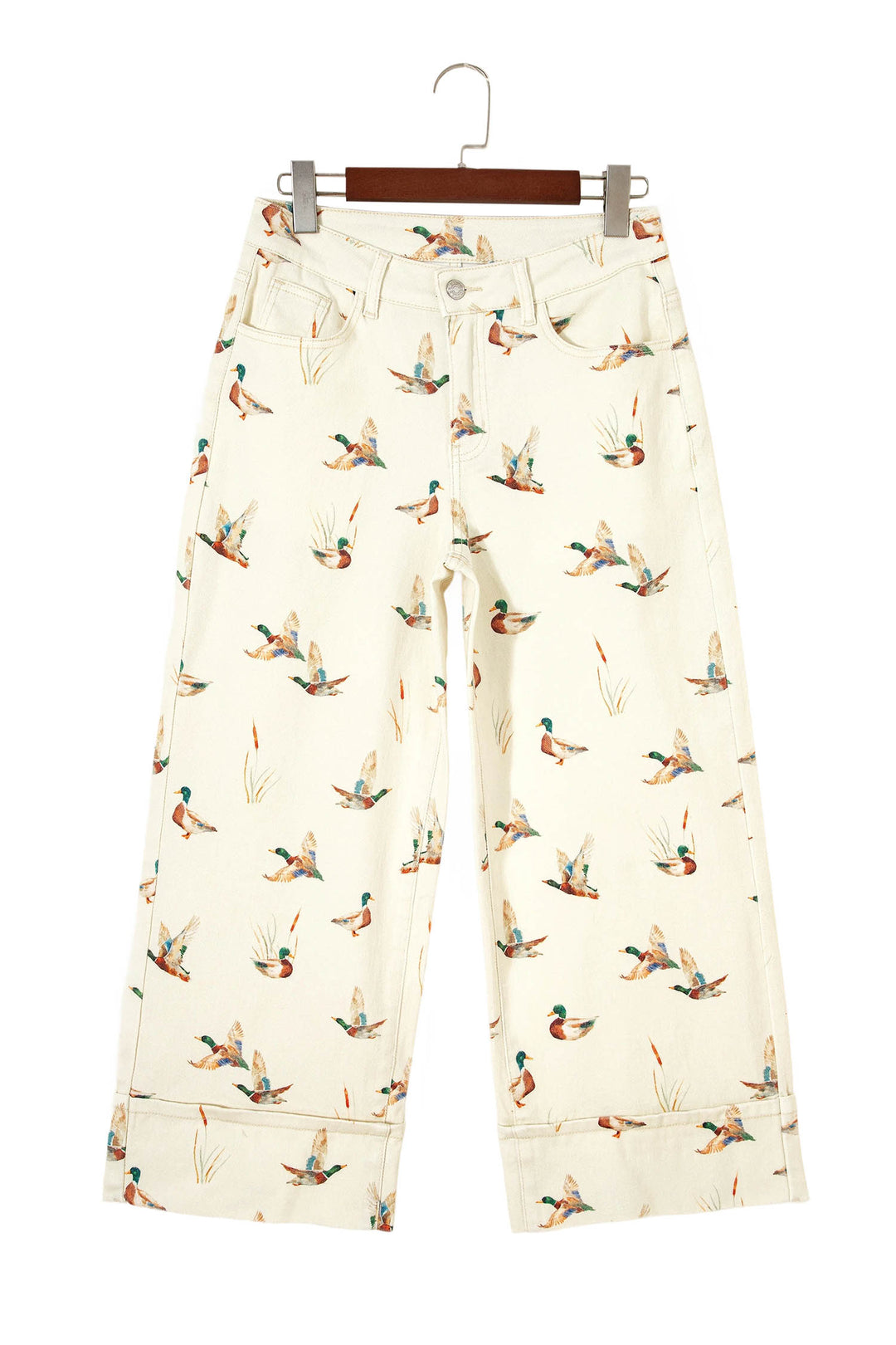Beige Stylish Mallard Printed Cuffed Hem Shift Jeans
