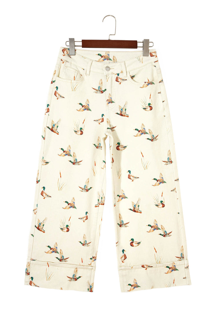 Beige Stylish Mallard Printed Cuffed Hem Shift Jeans