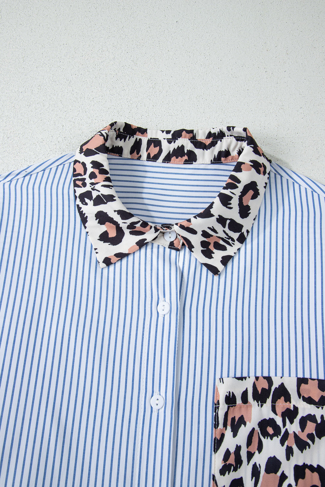 Colorblock Leopard Patchwork Chest Pocket Cuffed Sleeve Shirt