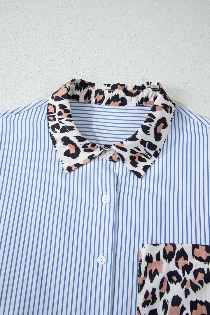 Colorblock Leopard Patchwork Chest Pocket Cuffed Sleeve Shirt