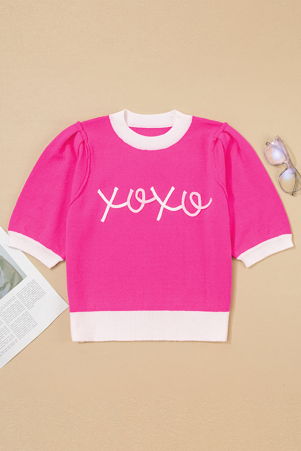XOXO Embroidered Graphic Valentines Contrast Trim Crew Neck Short Puff Sleeve Sweater Tee
