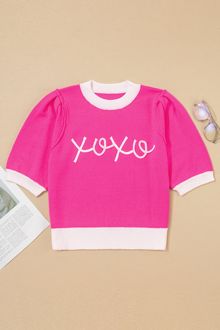XOXO Embroidered Graphic Valentines Contrast Trim Crew Neck Short Puff Sleeve Sweater Tee