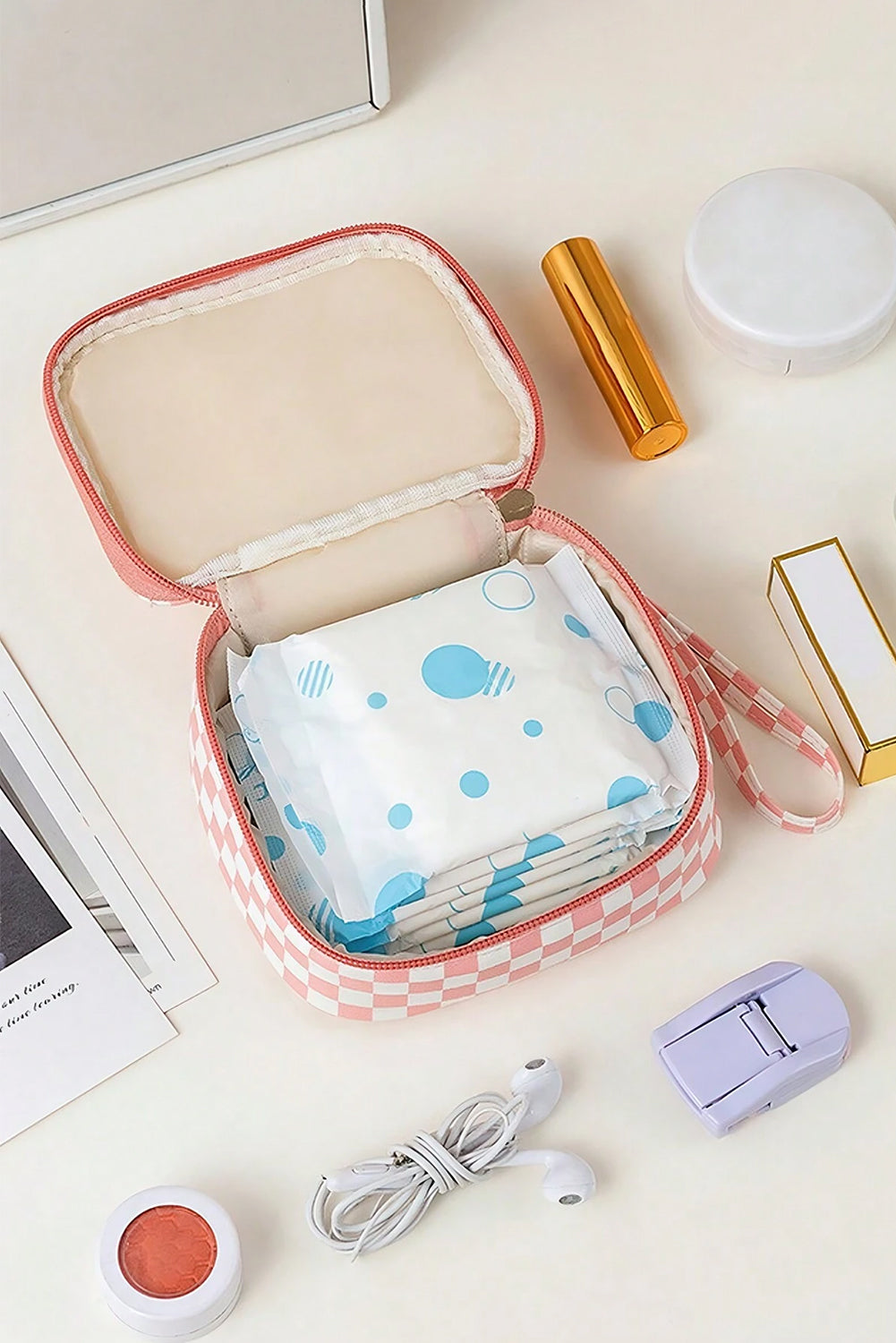 Checkered Pattern Small Cosmetic Bag