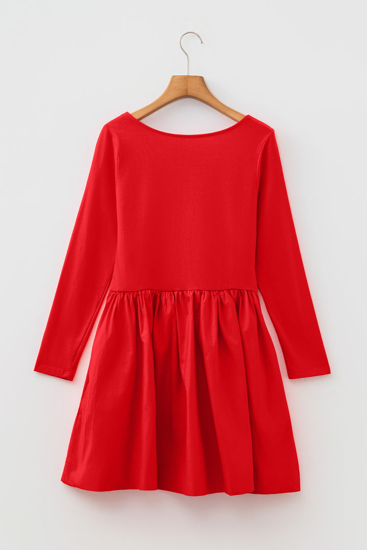 Cute Fiery Red U Neck Long Sleeve Fit and Flare Short Dress