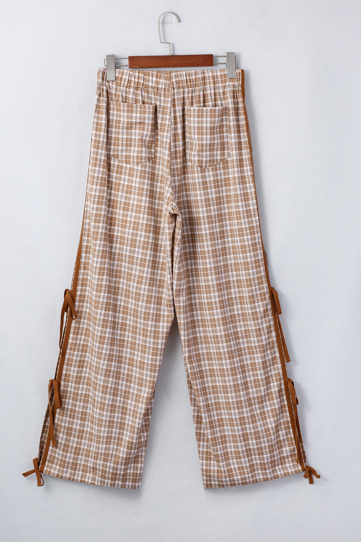 Chestnut Plaid Print Elastic Waist Bow Tie Contrast Detail Jogger Pants