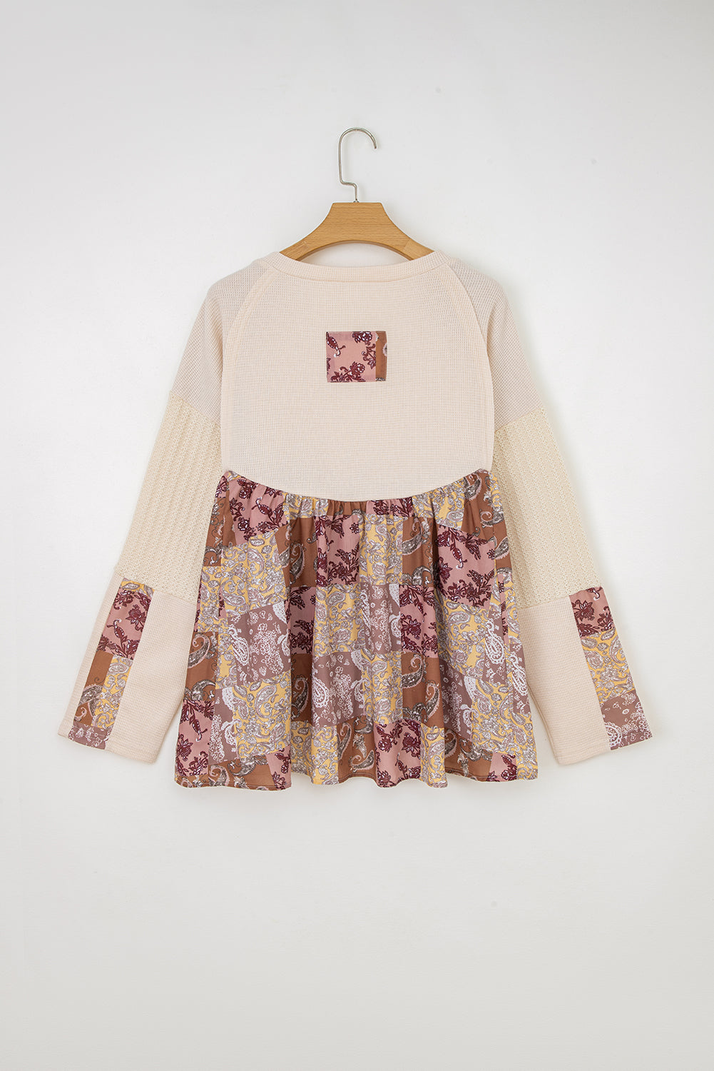 Paisley Ethnic Print Contrast Patchwork Long Sleeve Loose Top