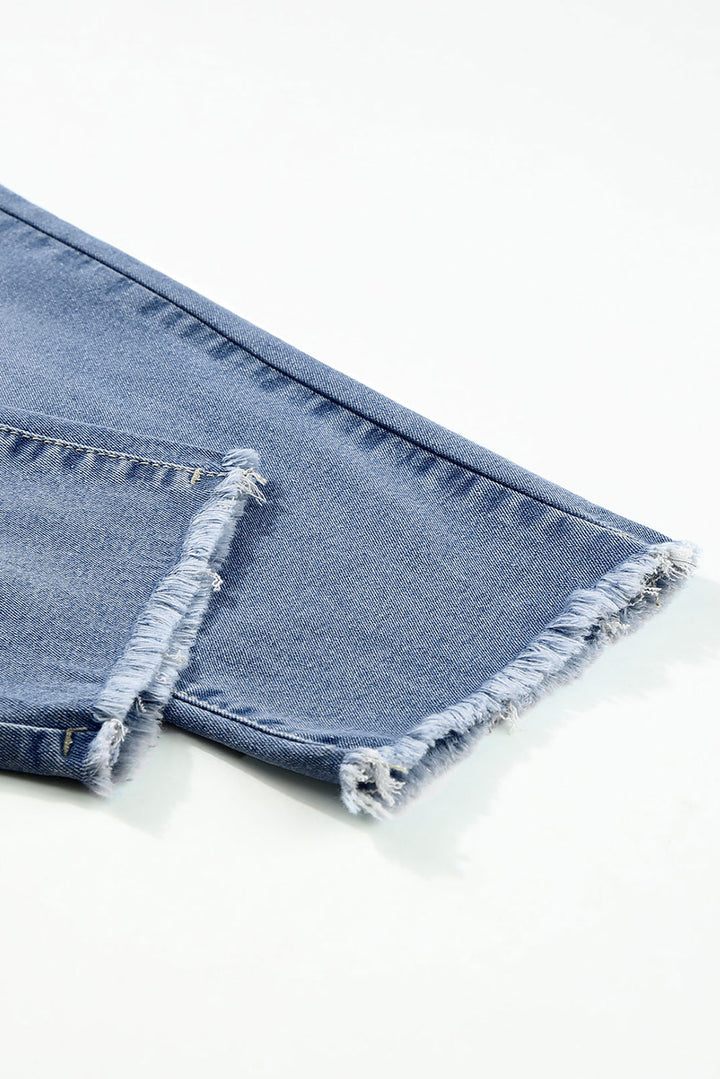 Sky Blue Double Button Raw Hem Slim Fit Jeans