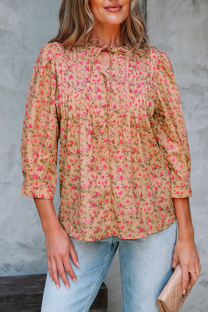 Floral Print Bow Pintuck Bust Half Puff Sleeve Blouse Top