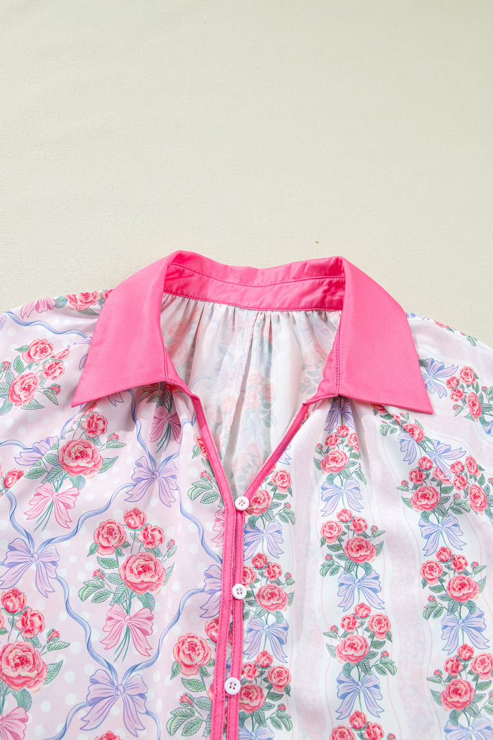 Purple Floral Collared Ruffled Half Sleeve Shirt