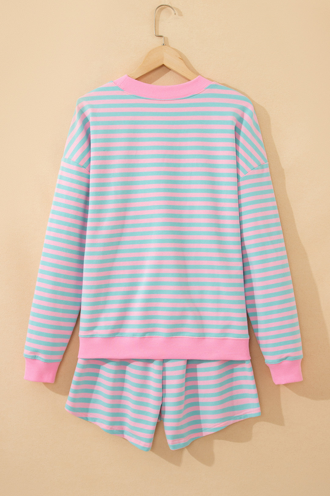 Pink Stripe Color Block Detail Long Sleeve Pullover Elastic Waist Pull On Shorts 2pcs Set