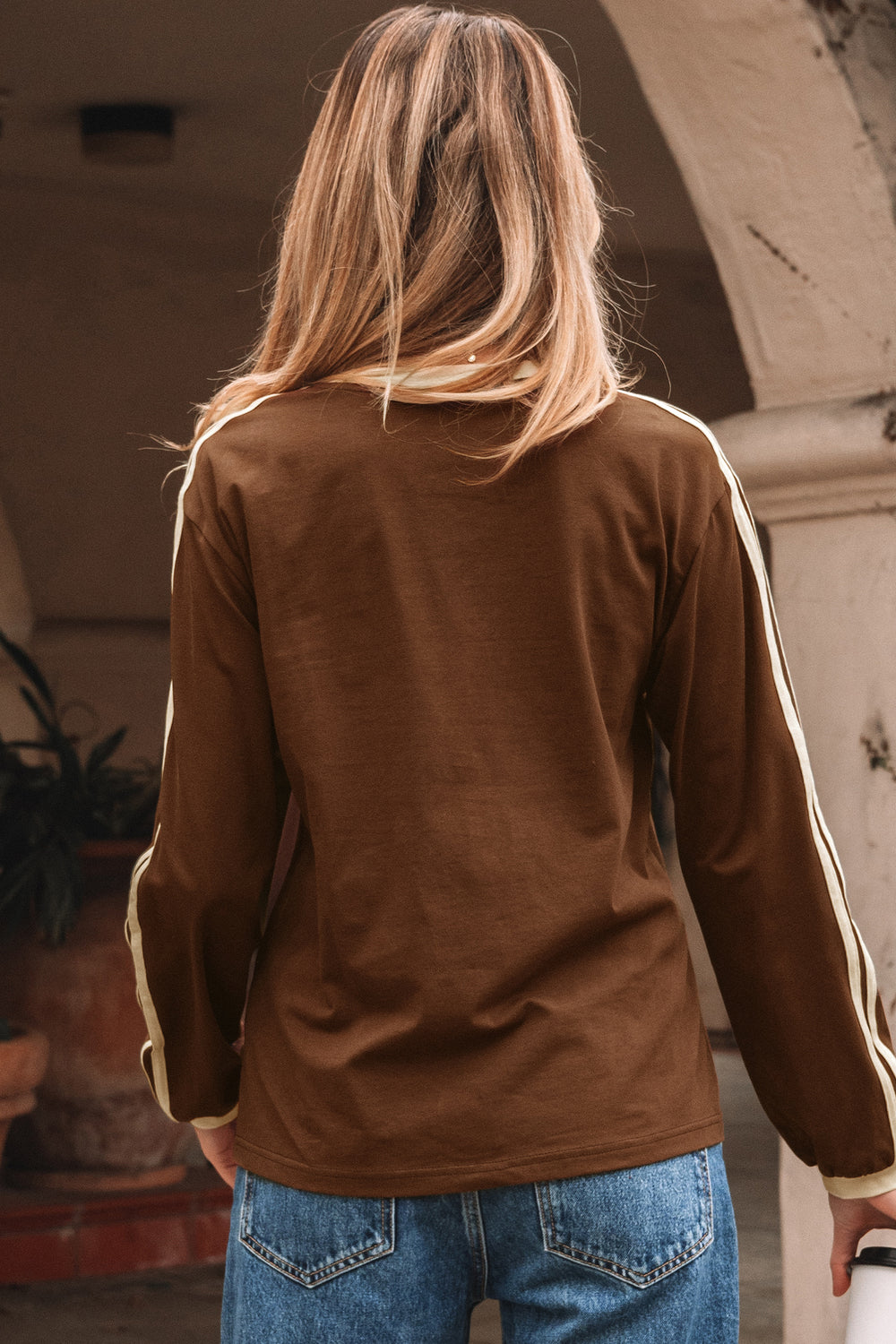 Varsity Striped Accent Contrast Crew Neck Long Sleeve T Shirt