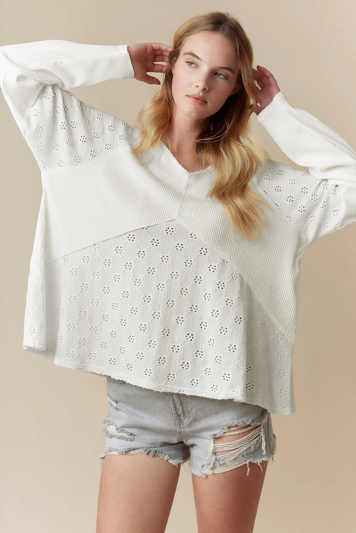 Twisted Rib Patchwork Embroidered Loose V Neck Long Sleeve Top