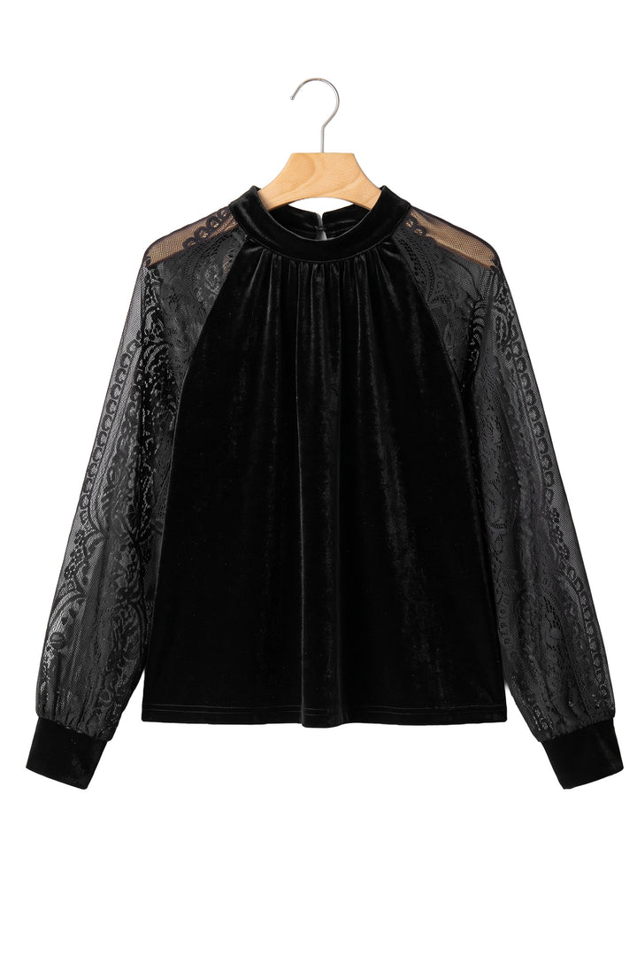 Black Sheer Lace Long Sleeve Patchwork Stand Neck Velvet Blouse