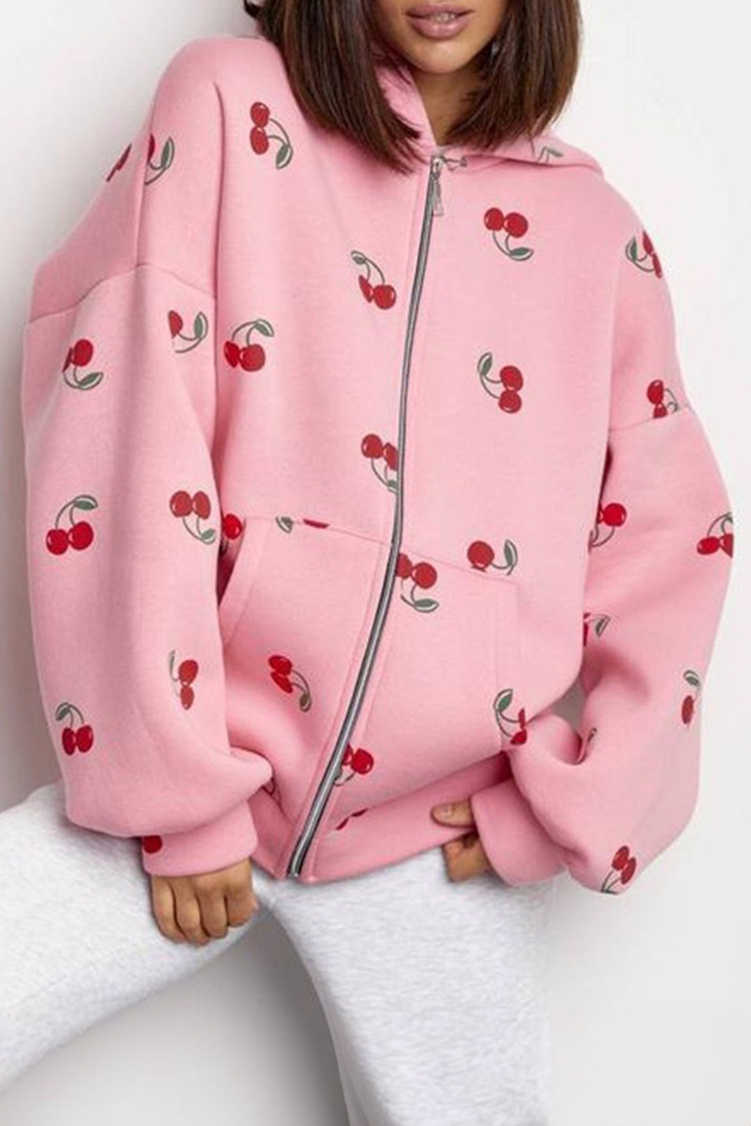 Pink Cherry Print Zip Up Pocketed Hoodie Jacket