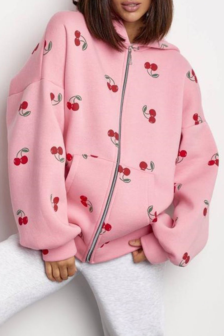 Pink Cherry Print Zip Up Pocketed Hoodie Jacket