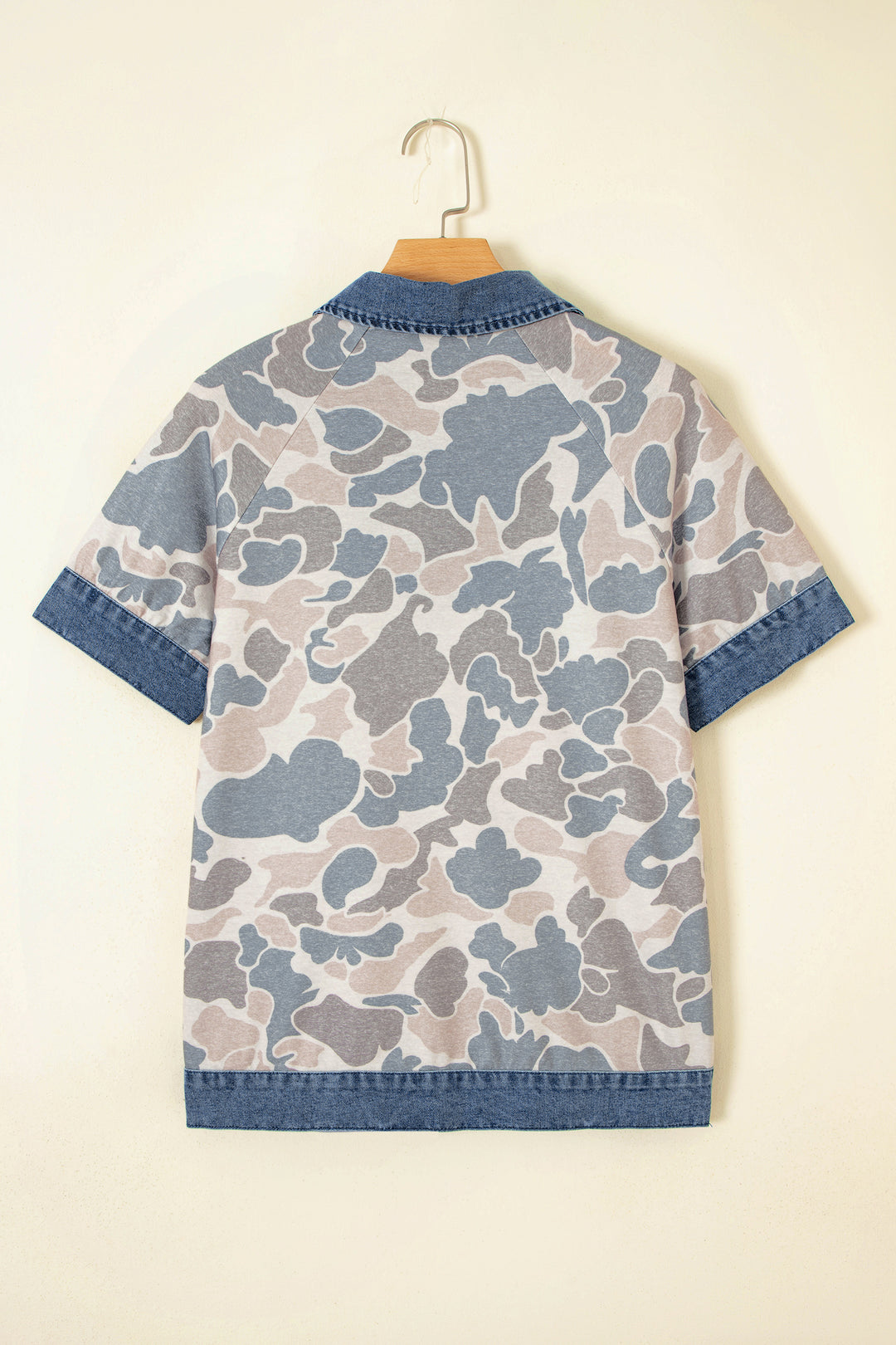 Multicolour Camouflage Print Denim Patchwork Polo Collar Tee