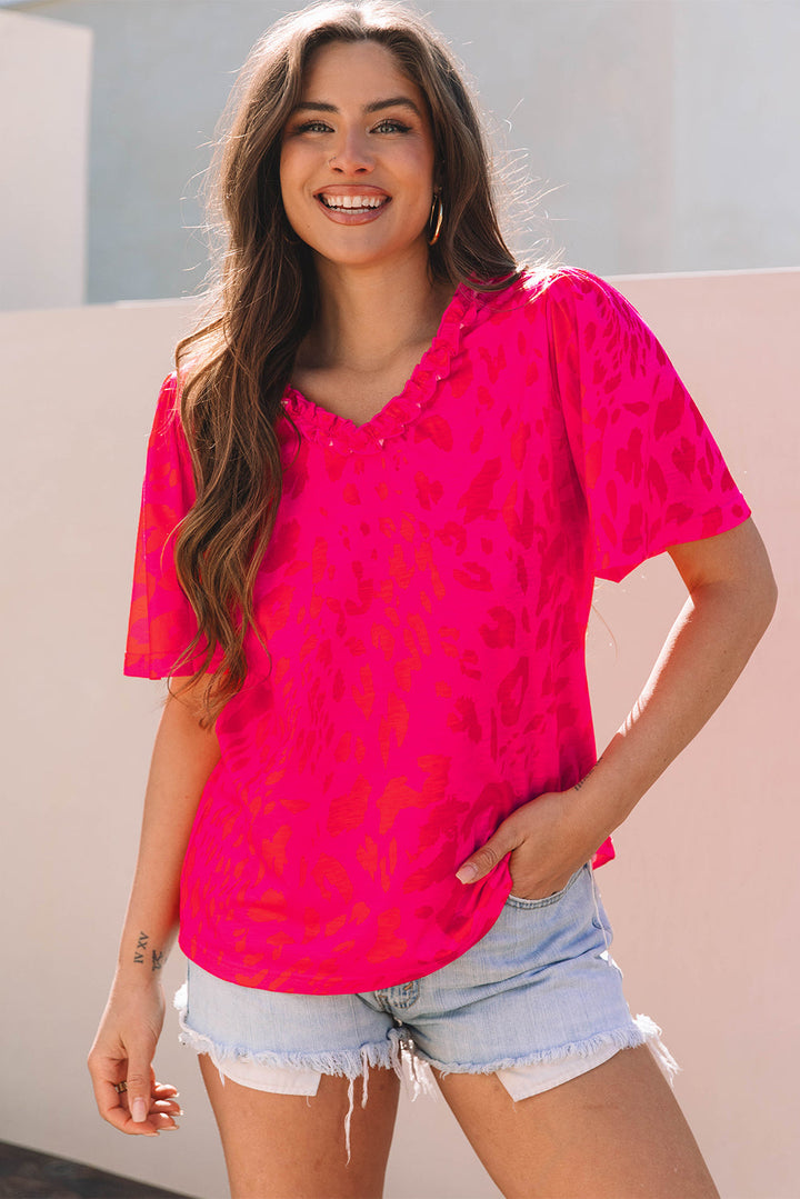 Leopard Frilly V Neck Short Sleeve Blouse