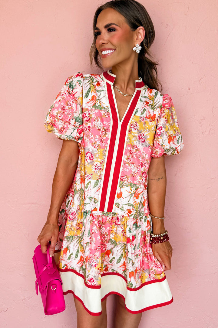 Pink Color Block Floral Print Contrast Trim V Neck Ruffle Hem Mini Dress
