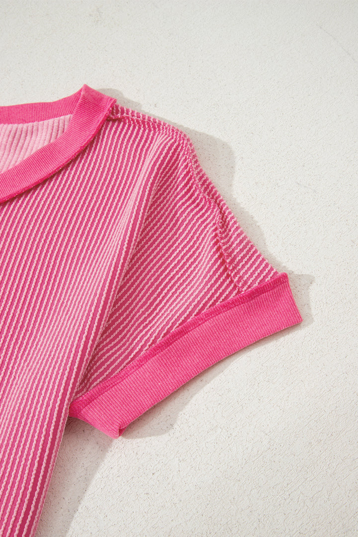 Rose Red Twisted Ribbed Knit V Neck Casual Tee