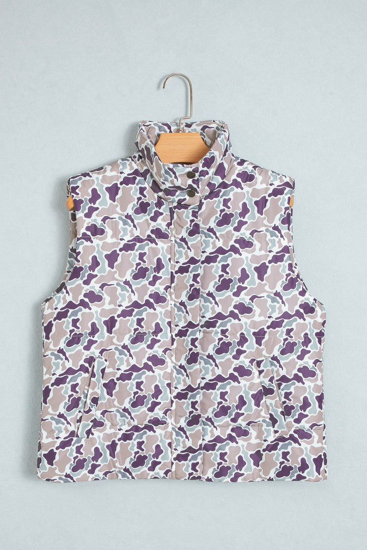 Multicolour Camouflage Puffer Zip-up Stand Neck Sleeveless Vest