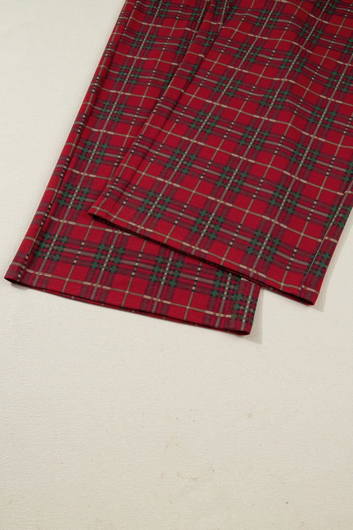 Red Plus Size Plaid Short Sleeve Shirt Loose Pants 2pcs Pajama Set