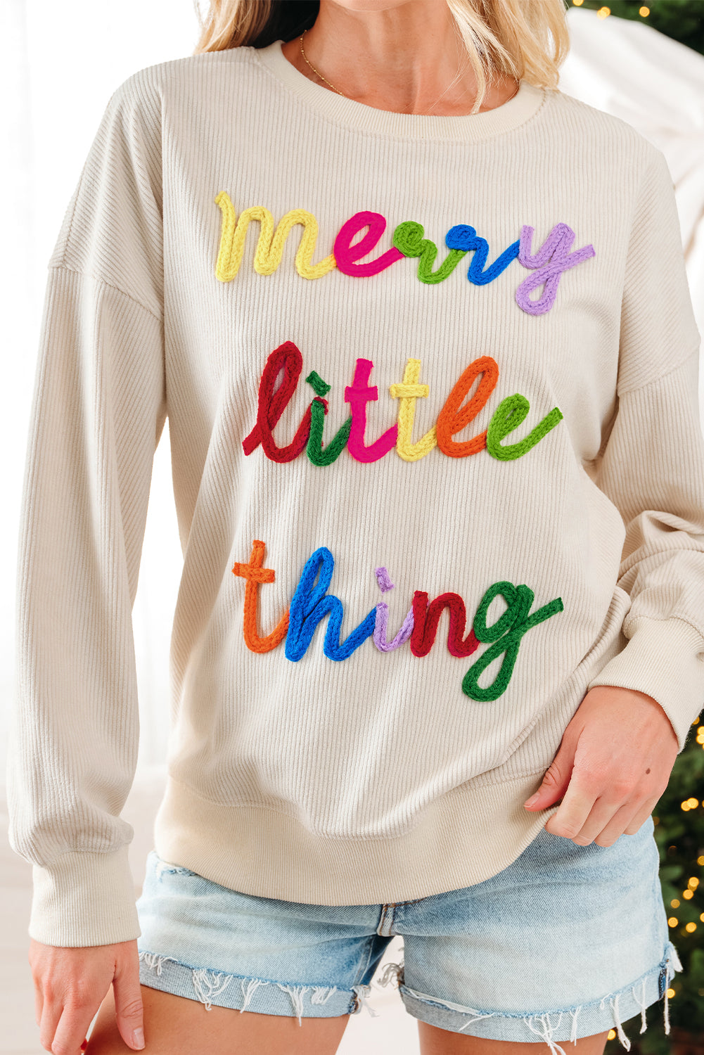 merry little thing Corded Letter Graphic Ribbed Loose Sweatshirt