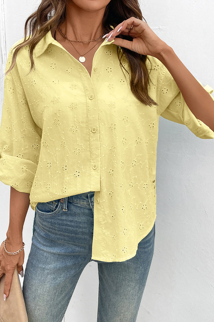 Yellow Cream Solid Eyelet Flower Pattern Button Down Loose Shirt