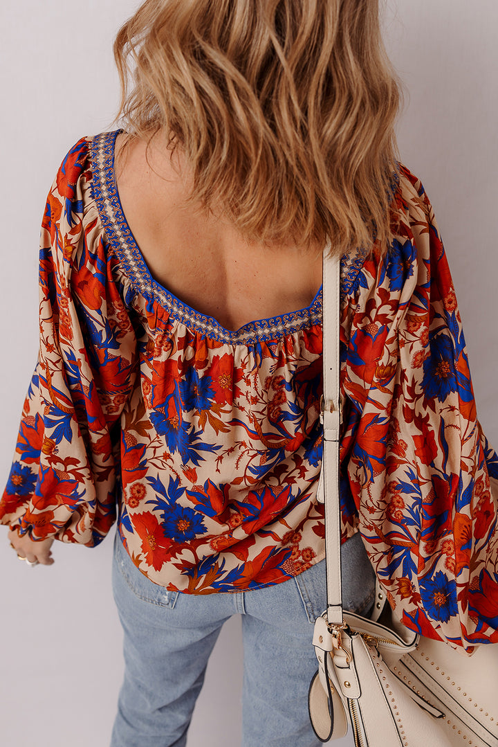 Floral Print Square Neck Backless Loose Fit Blouse