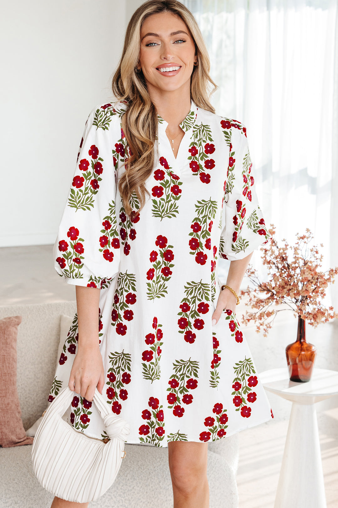 Floral Print V Neck 3/4 Sleeve Loose Mini Dress