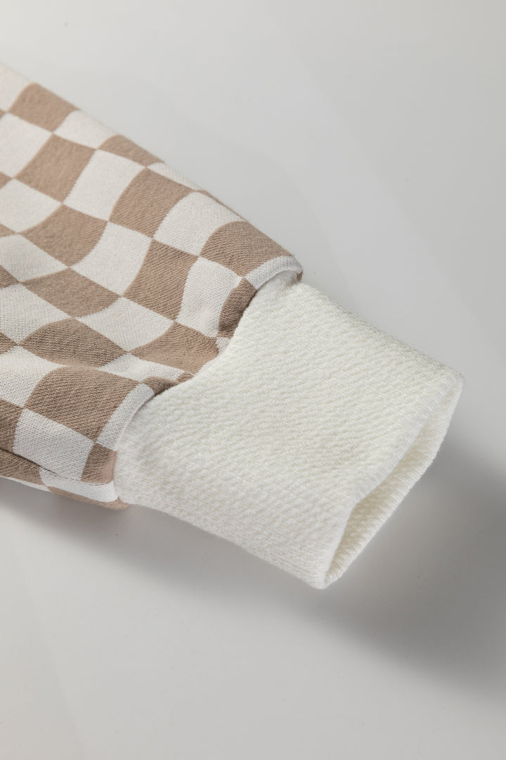 Checkered Print Quarter Zip Ribbed Patchwork Loose Sweatshirt