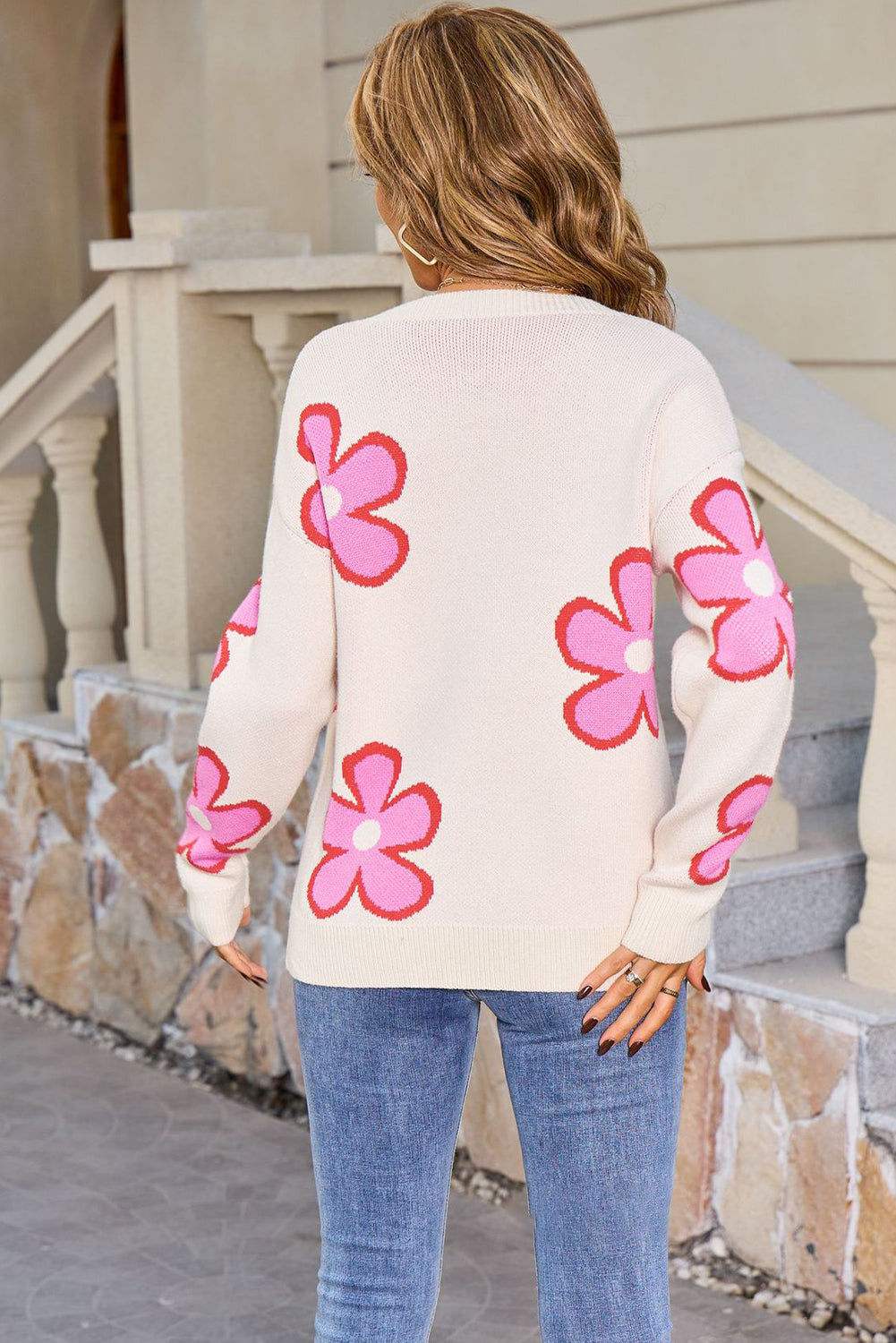 Rose Cute Flower Drop Shoulder Ribbed Crew Neck Sweater
