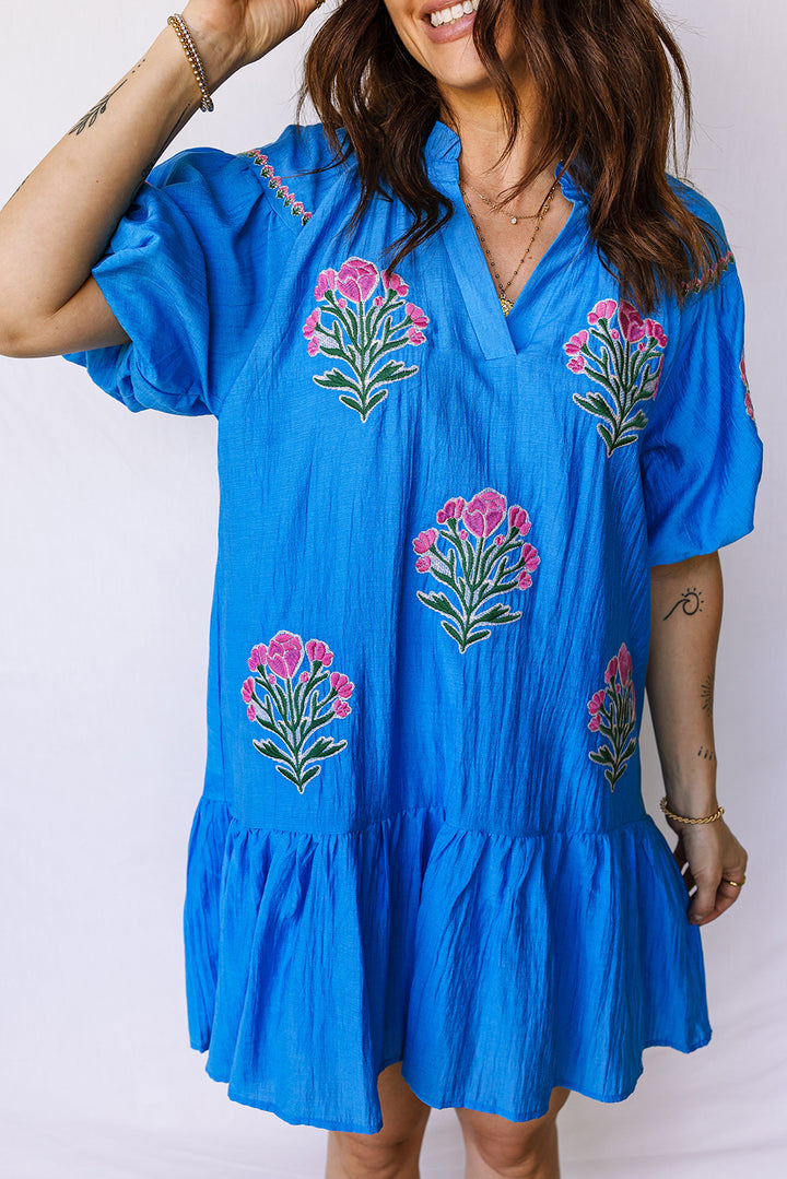 Blue Flower Embroidered Split Neck Short Sleeve Ruffle Hem Dress