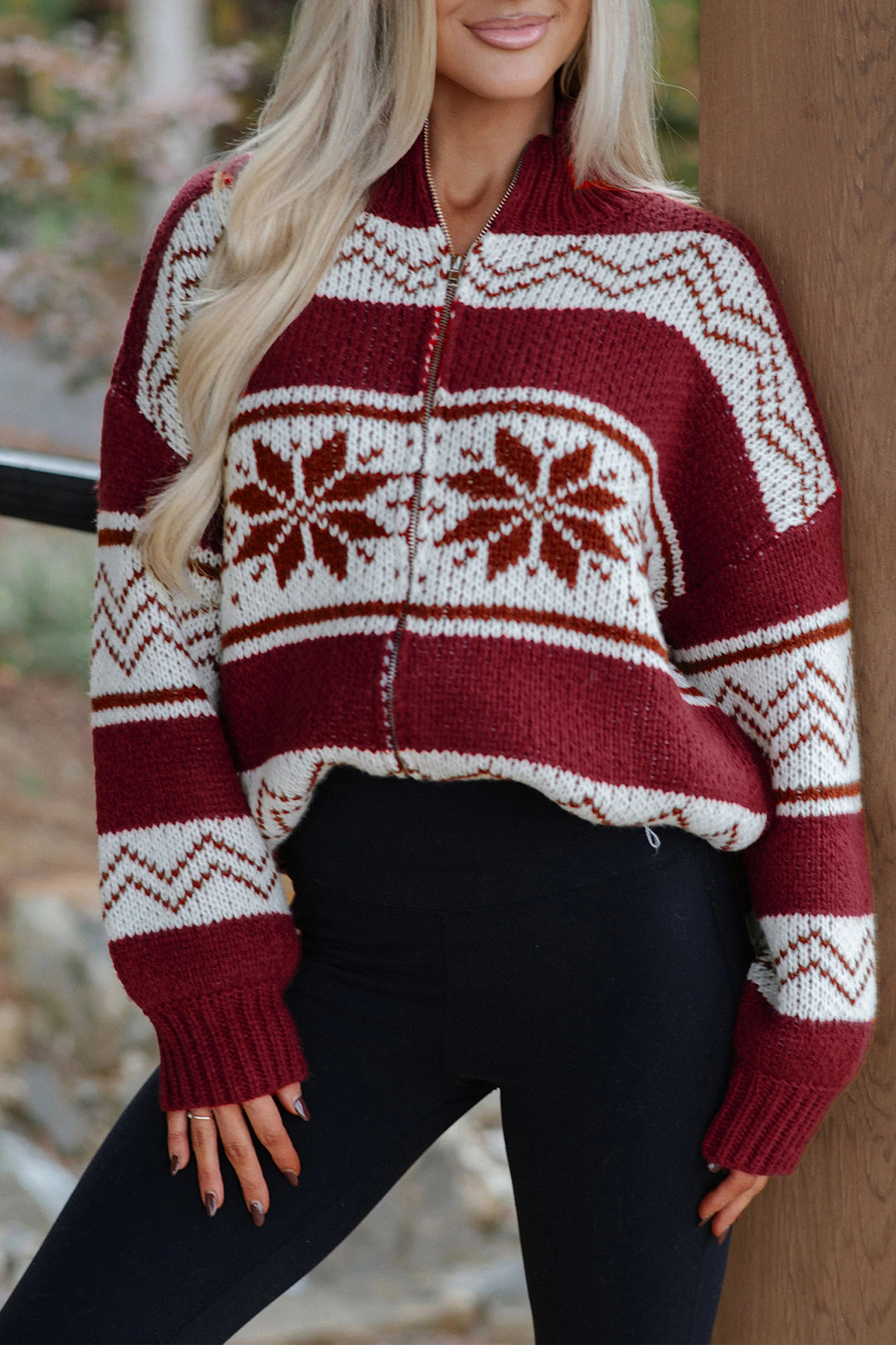 Red Geometric Pattern Zip-Up Knit Regular Fit Cardigan
