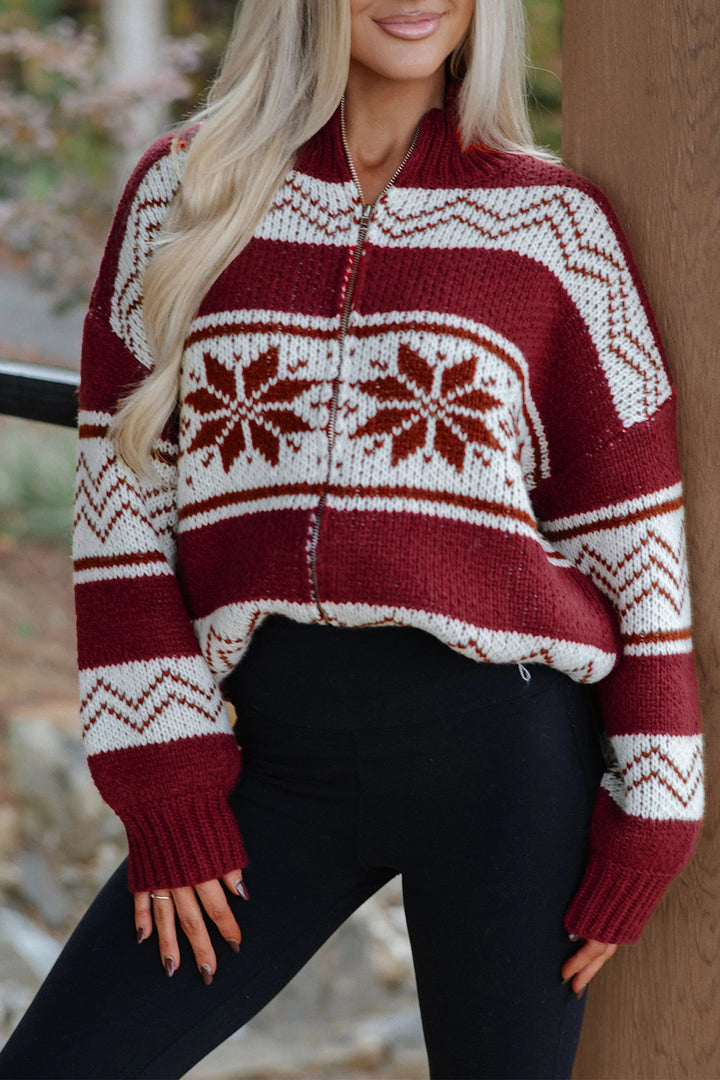 Red Geometric Pattern Zip-Up Knit Regular Fit Cardigan