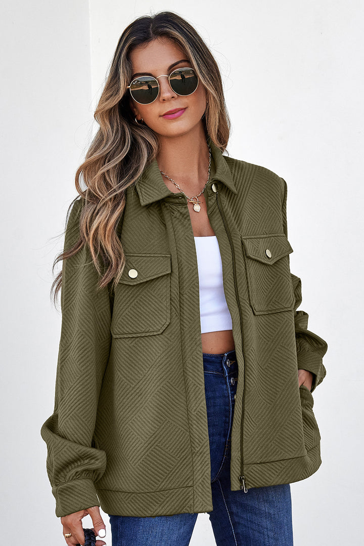 Blackish Green Zip Up Button Flap Pocket Shirt Collar Jackets