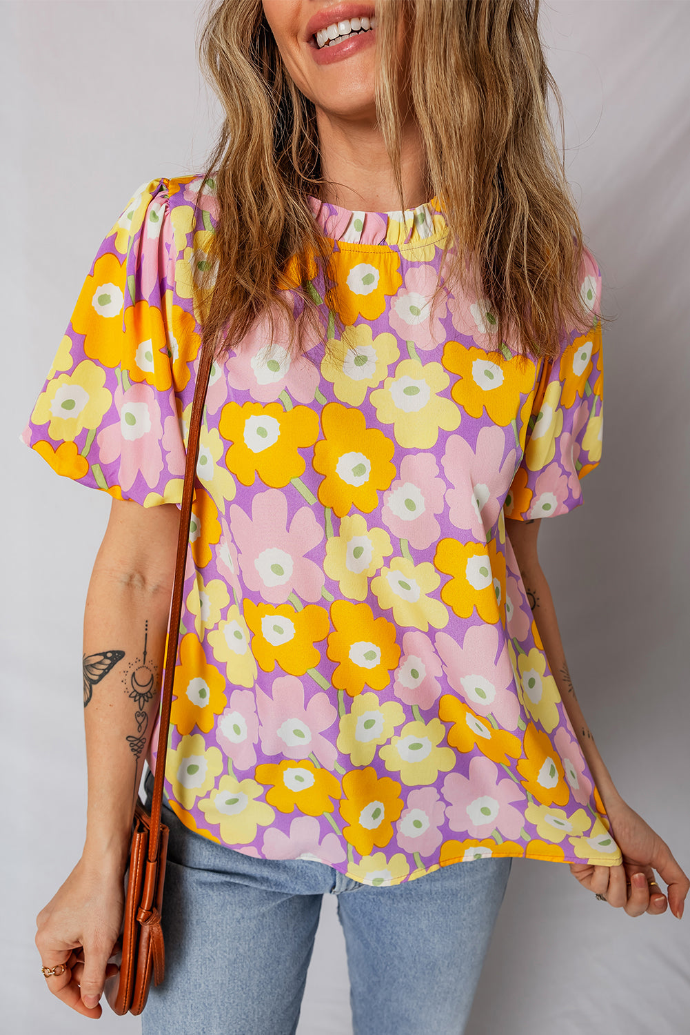 Frilled Neck Puff Short Sleeve Flower Top