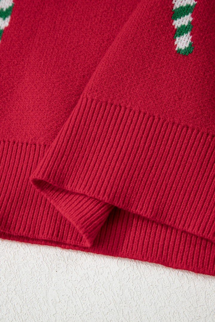 Racing Red Christmas Candy Cane Holiday Drop Shoulder Sweater