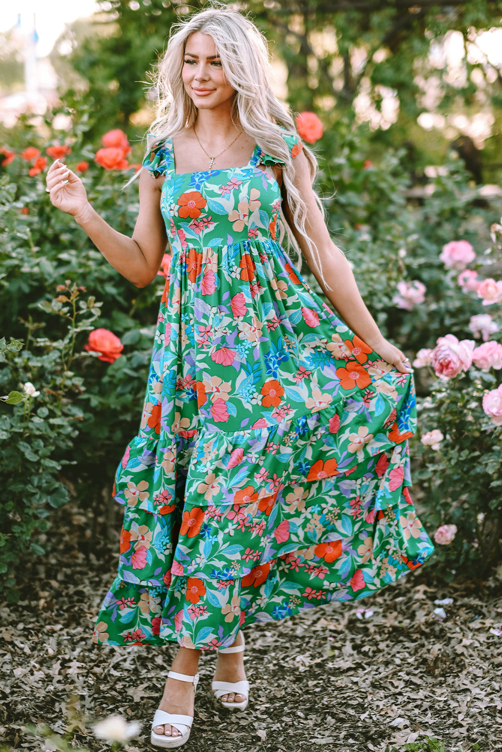 New Floral Print Sleeveless Ruffle Tiered Maxi Dresses – ModeShe