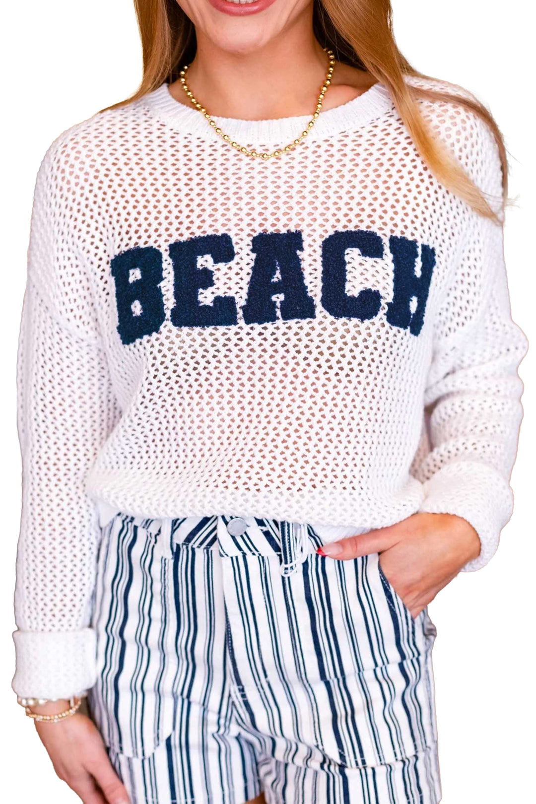 White Chenille BEACH Lettering Hollow Out Knit Sweater