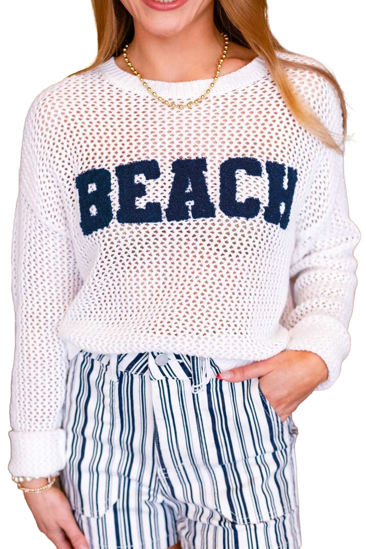 White Chenille BEACH Lettering Hollow Out Knit Sweater