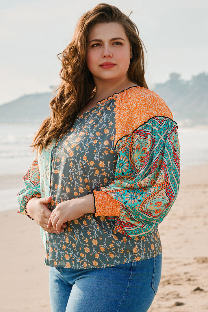 Floral Patchwork Lantern Sleeve Buttoned V Neck Plus Size Blouse