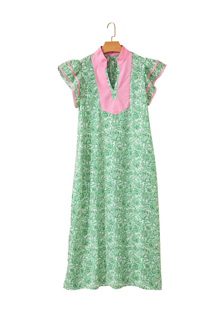 Green Floral Print Color Block Patchwork V Neck Short Sleeve Midi Dress