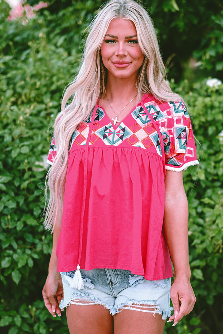 Geometric Embroidered Tassel Tie V Neck Blouse