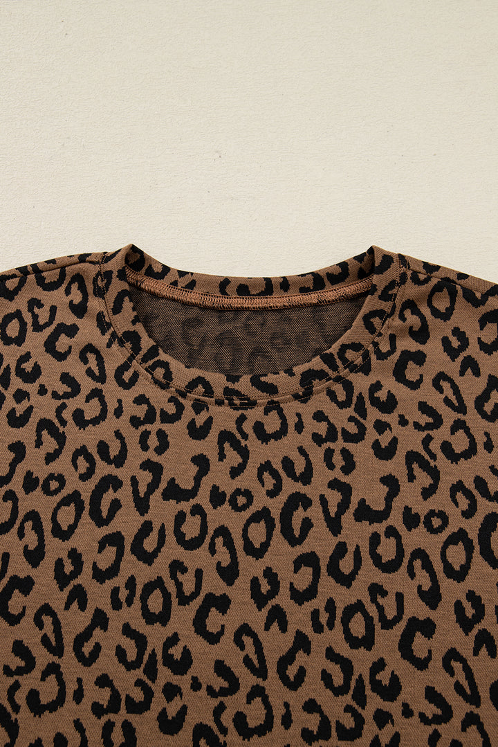 Brown Varsity Striped Trim Leopard Long Sleeve Top Drawstring Pant Set