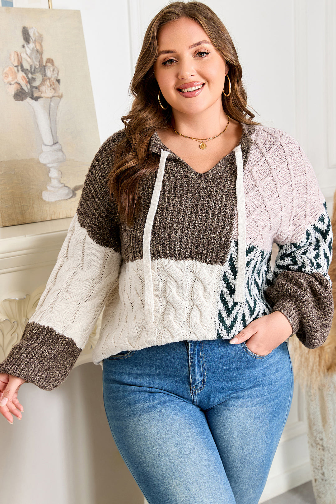Brown Plus Size Color Block Patchwork Knotted Back Loose Fit Sweater
