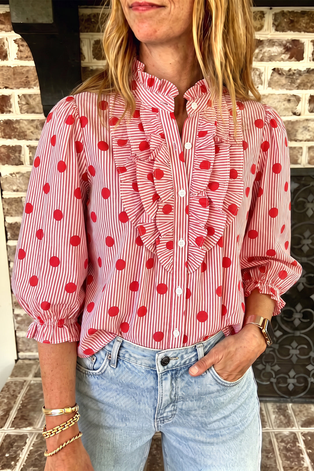 Fiery Red Polka Dot Striped Print Ruffle Stand Neck Shift Shirt