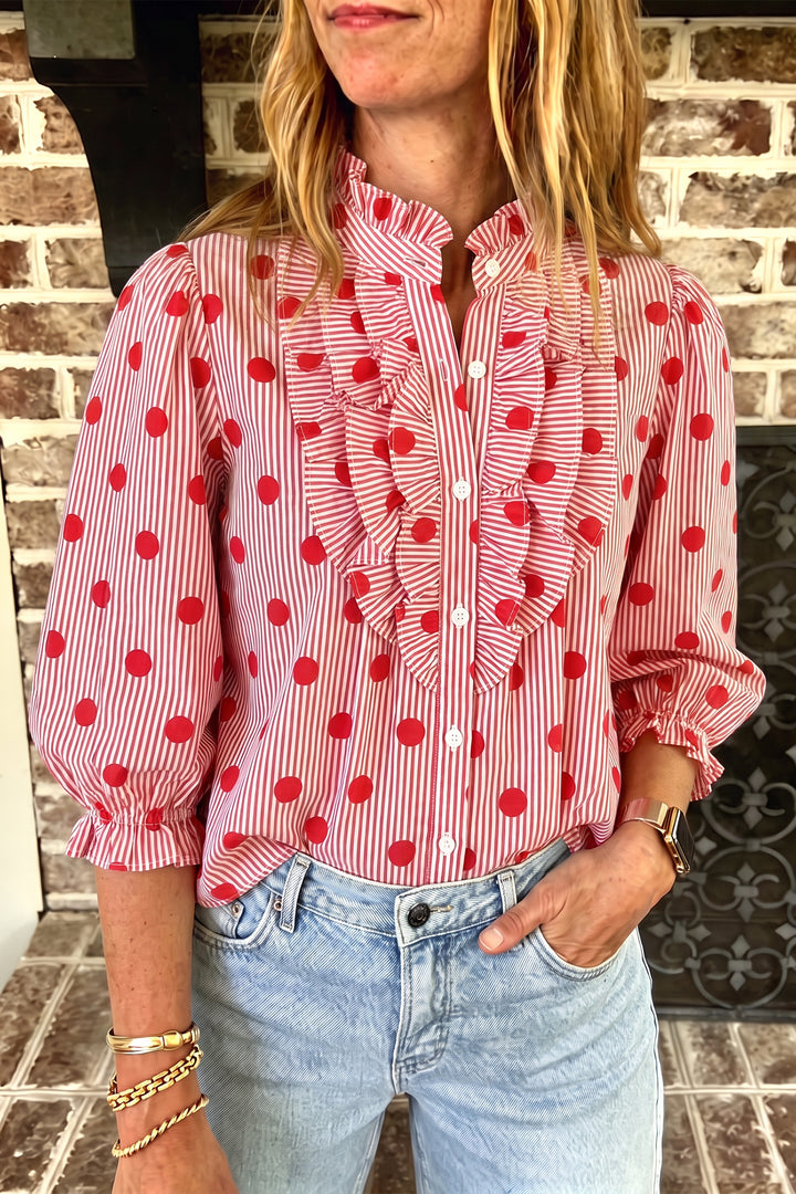 Fiery Red Polka Dot Striped Print Ruffle Stand Neck Shift Shirt