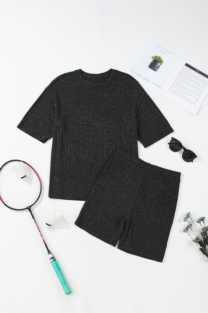 Black Soft Ribbed Loose Tee Slim Shorts 2pcs Sporty Set